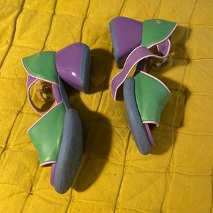 Purple and Green Fluevog heeled sandals 9